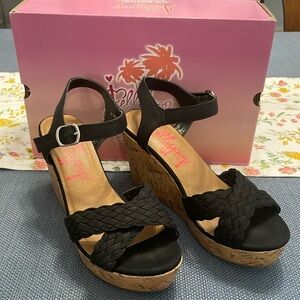 Jelly pop Panke, Black Canvas Wedge Sandal, Size 6.5